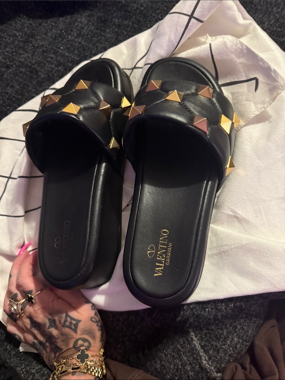 Valentino Garavani Black Leather Rockstud Quilted Slide Sandals